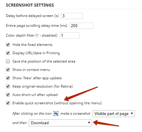 In the application settings you can find the Quick Screenshot option. There, you need to choose the type of screenshot and what to do after it's created (for example, save to a drive). 