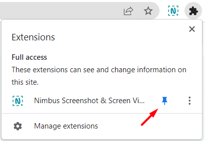 How to pin Nimbus Screenshot Extension. Image powered by Nimbus Platform