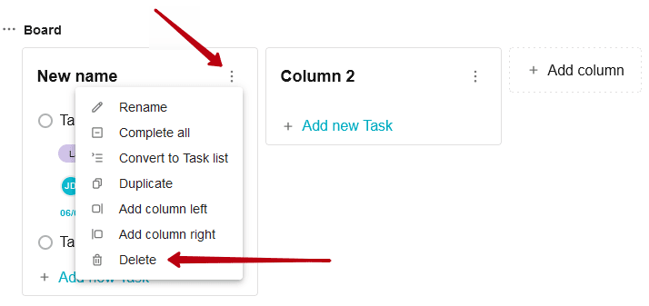 Click on the column's menu icon and select Delete