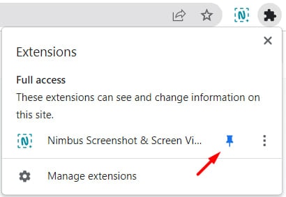 How to Pin Nimbus Screenshot Extension. Image powered by Nimbus Platform
