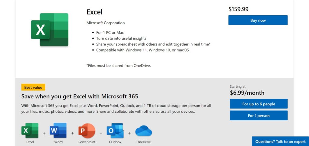 Microsoft Excel Pricing. Image powered by Nimbus Platform