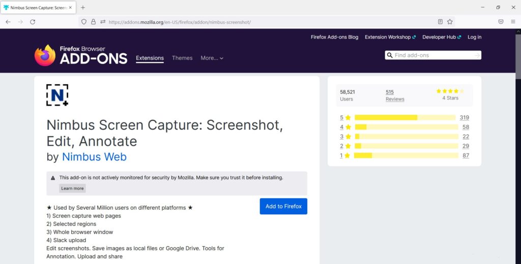 Nimbus at Firefox Add-ons Store. Image powered by Nimbus Platform