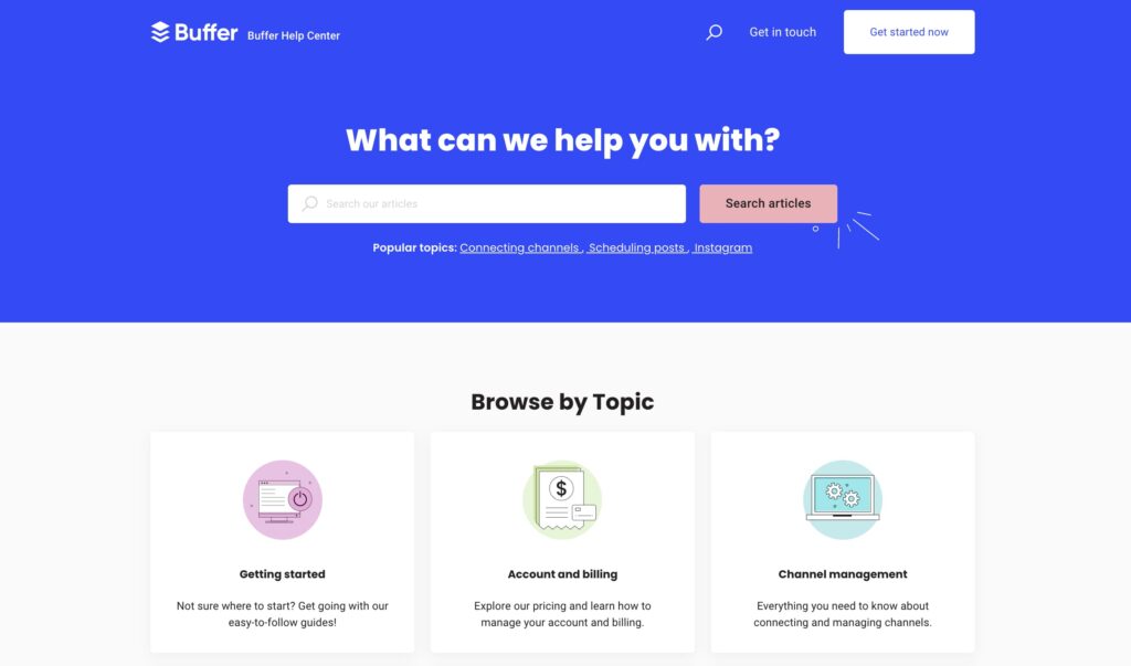 Buffer Help Center is One of the 10 Best Knowledge Base Examples in 2023. Image powered by Nimbus Platform