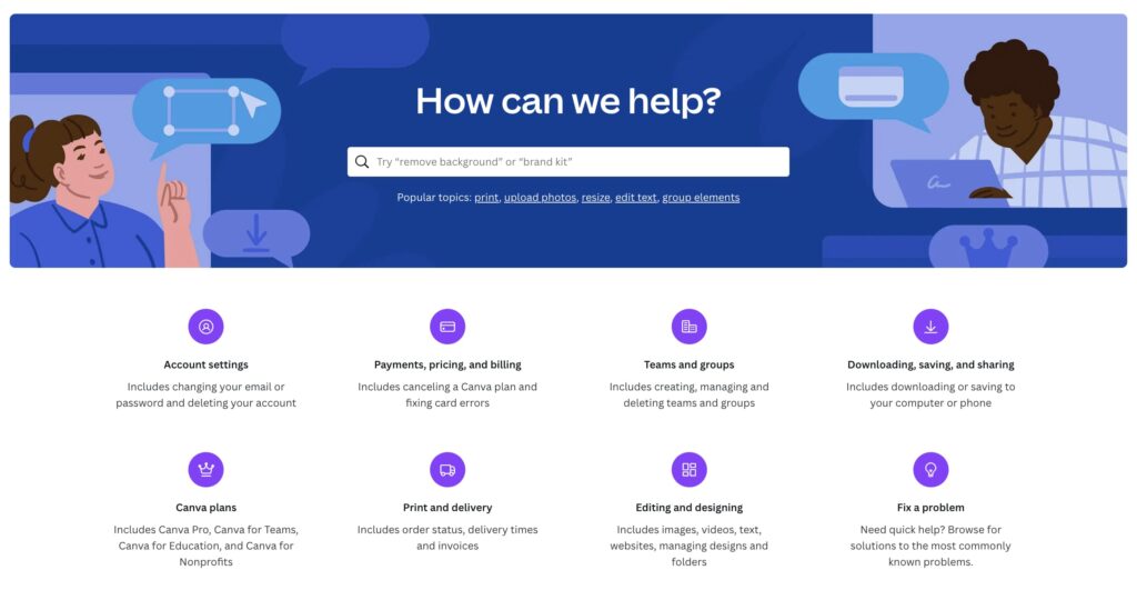 Canva Help Center is One of the 10 Best Knowledge Base Examples in 2023. Image powered by Nimbus Platform