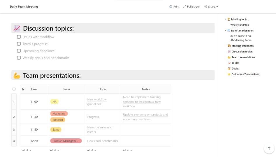 Daily Team Meeting Template. Image powered by Nimbus Platform